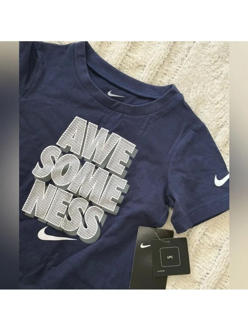 Nike Kids “Awesomeness” Graphic Tee Navy Blue Short Sleeve Logo Shirt 4T